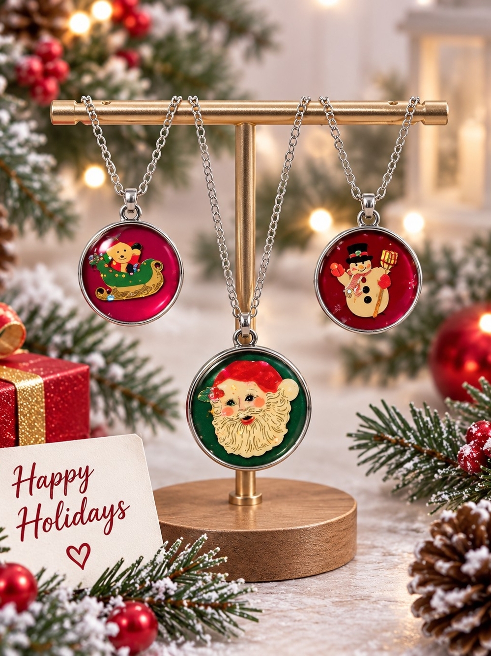 3 Pk Festive Santa, Santa Sleigh And Snowman Holiday Pendant Necklaces